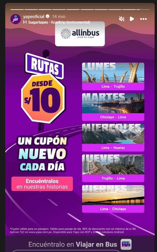  Las rutas presentadas por Yape para su promoción de viajes desde los S/10. Foto: Yape/Instagram   