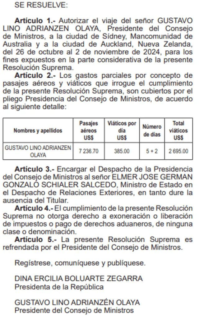  Resolución Suprema N° 211-2024-PCM publicada en el Diario Oficial El Peruano con la autorización del viaje de Gustavo Adrianzén.   