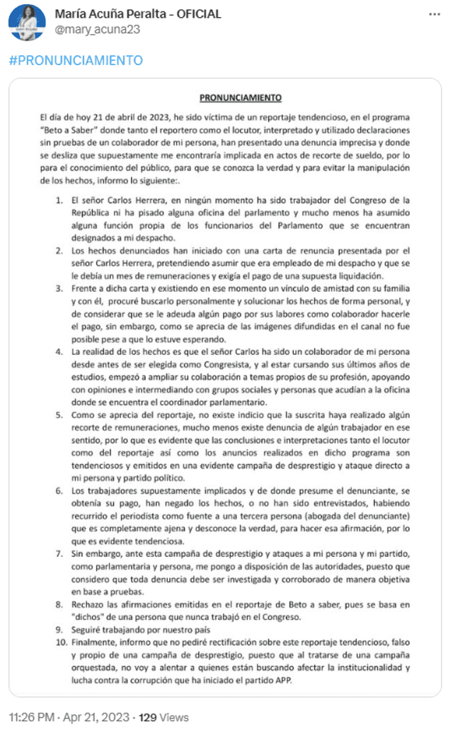  María Acuña emite comunicado tras haber sido acusada de recorte de sueldo a trabajador. Foto: Twitter/@mary_acuna23<br>  