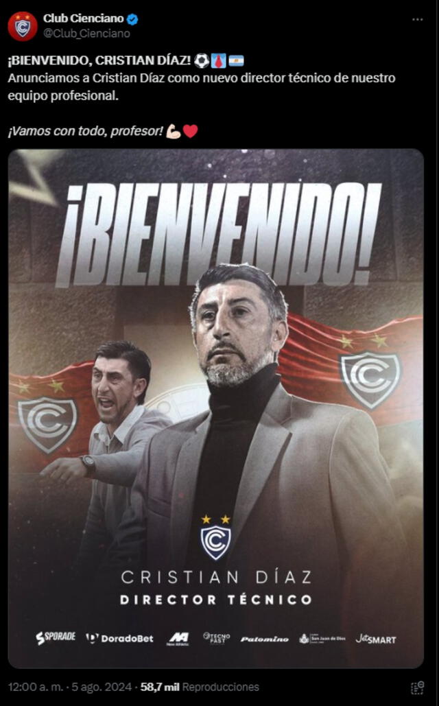  Cristian Díaz es el nuevo director técnico de Cienciano. Imagen: captura de pantalla X   