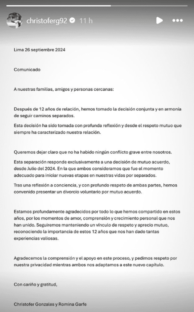 Comunicado de Christofer Gonzales anunciando su separación. Foto: Instagram.   