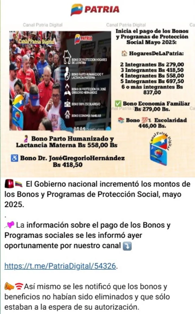 Anuncio de los bonos de mayo 2025. Foto: Canal Patria Digital Anuncio de los bonos de mayo 2025. Foto: Canal Patria Digital