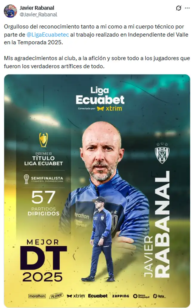 Rabanal agradeció el reconocimiento. Foto: vía X Rabanal agradeció el reconocimiento. Foto: vía X