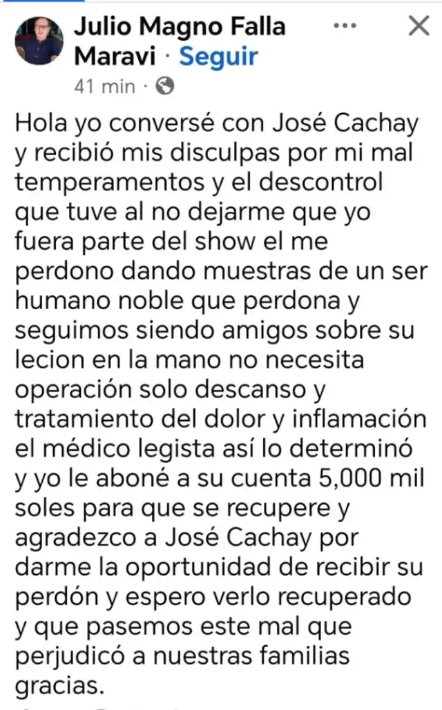 Comunicado del sujeto que agredió a Cachay en presentación. Foto: Facebook.  