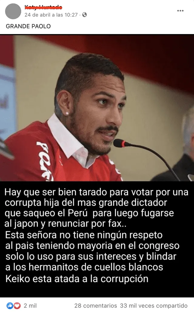 Publicación viral atribuye una cita falsa al futbolista Paolo Guerrero. Foto: captura en Facebook