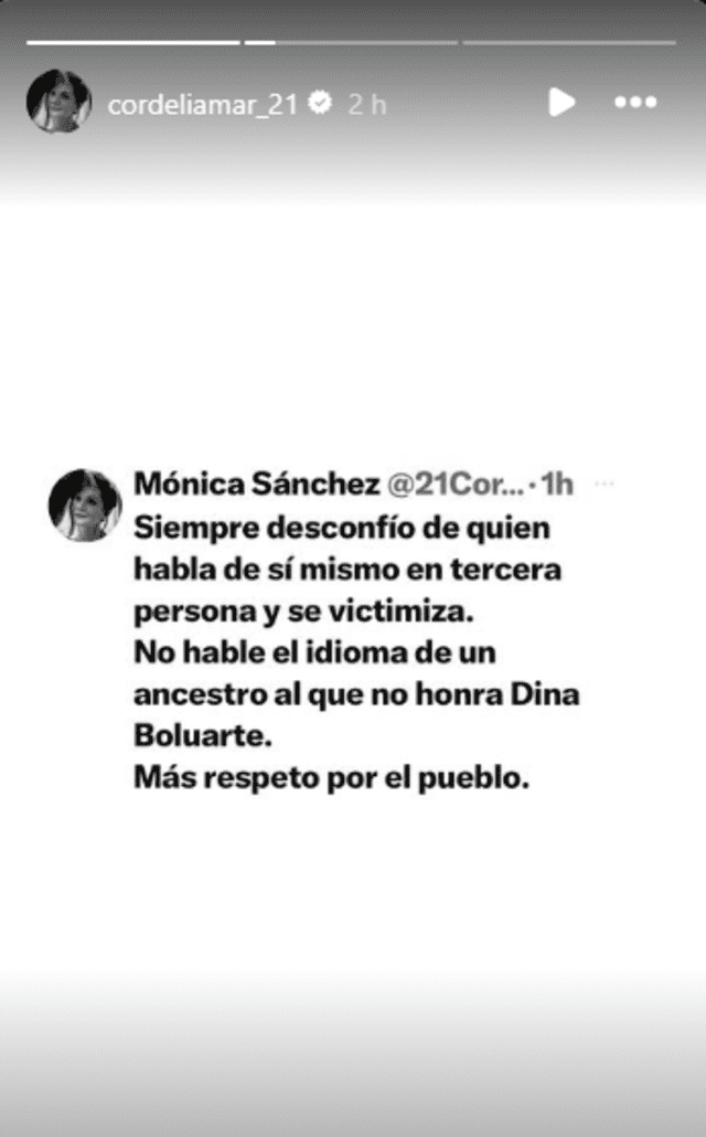 Mónica Sánchez se refirió al mensaje de Dina Boluarte. Foto: Instagram/Mónica Sánchez   