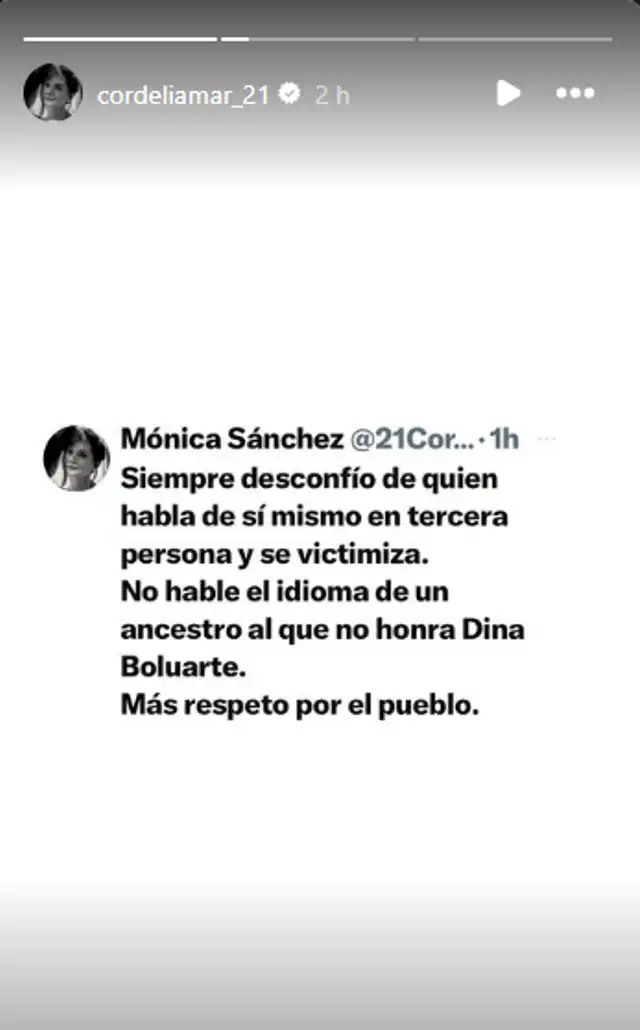 Mónica Sánchez se refirió al mensaje de Dina Boluarte. Foto: Instagram/Mónica Sánchez   