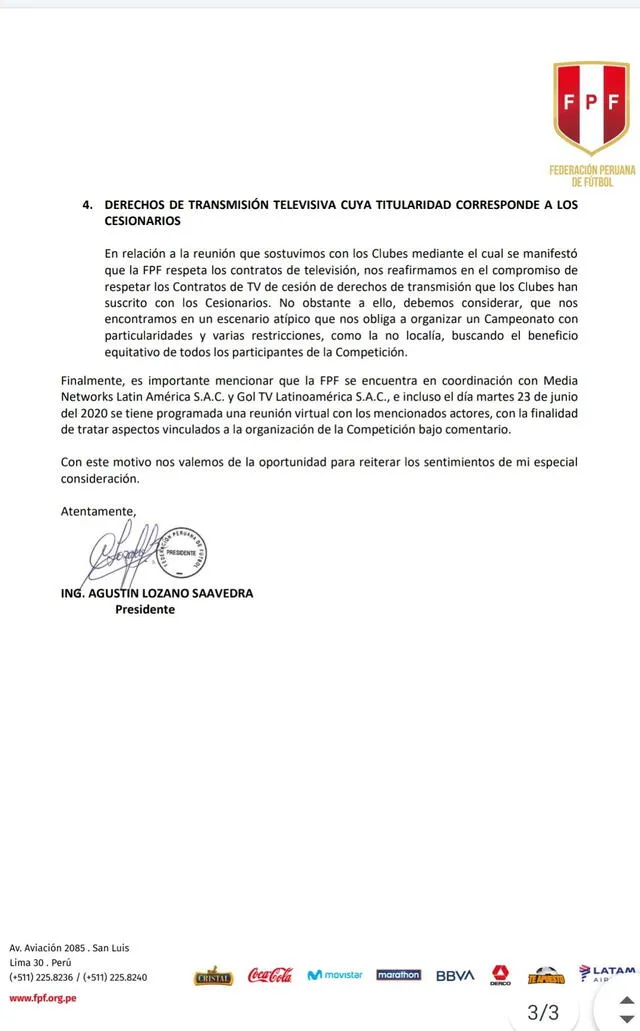 Respuesta de la FPF a la Universidad San Martín. Foto: Captura