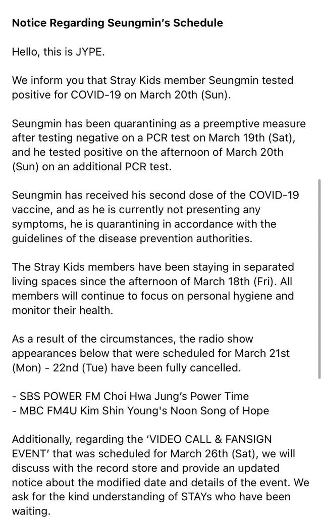 Comunicado de JYP Entertainment sobre estado de salud de Seungmin. Foto: Twitter