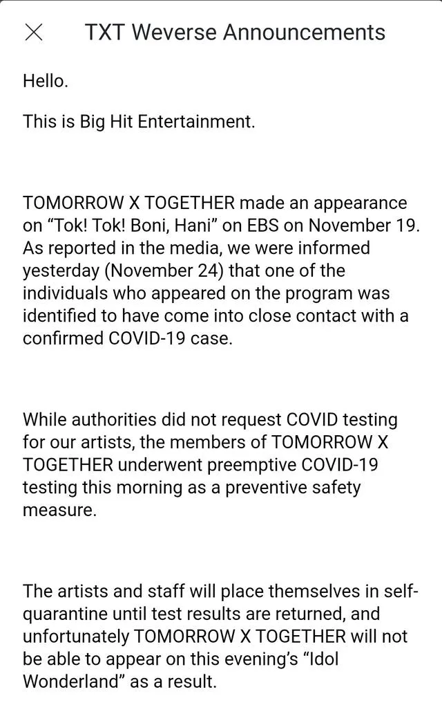 Anuncio oficial de Big Hit sobre TXT y las pruebas COVID-19. Foto: Weverse