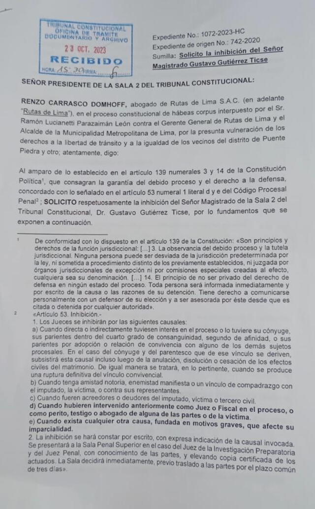  Documento que Rutas de Lima envió al TC. Foto: Twitter/ Epicentro   
