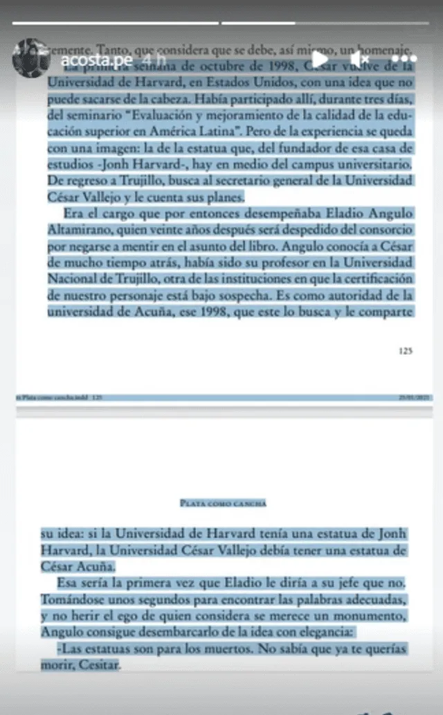 Pasaje del famoso libro que narra el ascenso de Acuña. Foto: captura de @acosta.pe/Instagram   