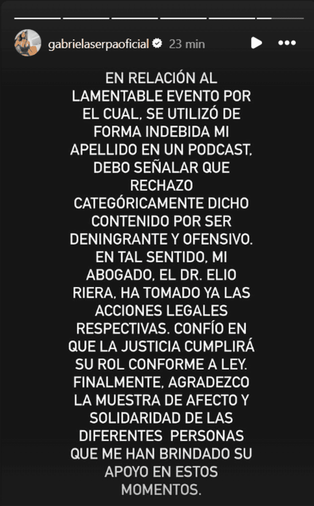  Comunicado de Gabriela Serpa. Foto: Instagram    