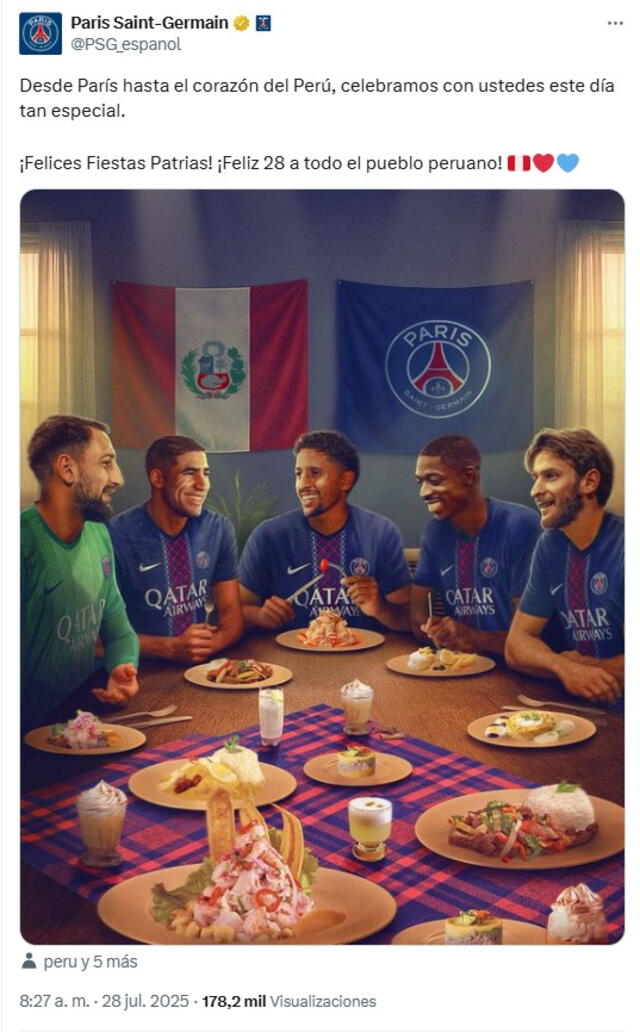 Mensaje del PSG por Fiestas Patrias. Foto: vía X Mensaje del PSG por Fiestas Patrias. Foto: vía X