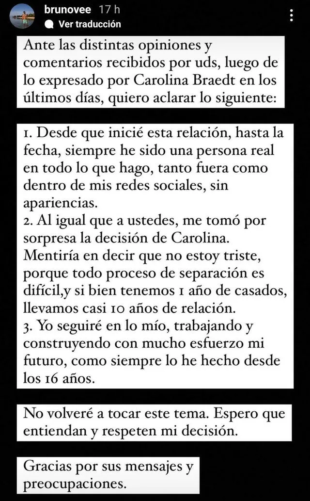  El aún esposo de Carolina Braedt rompió su silencio sobre el fin de su matrimonio. Foto: captura Instagram   