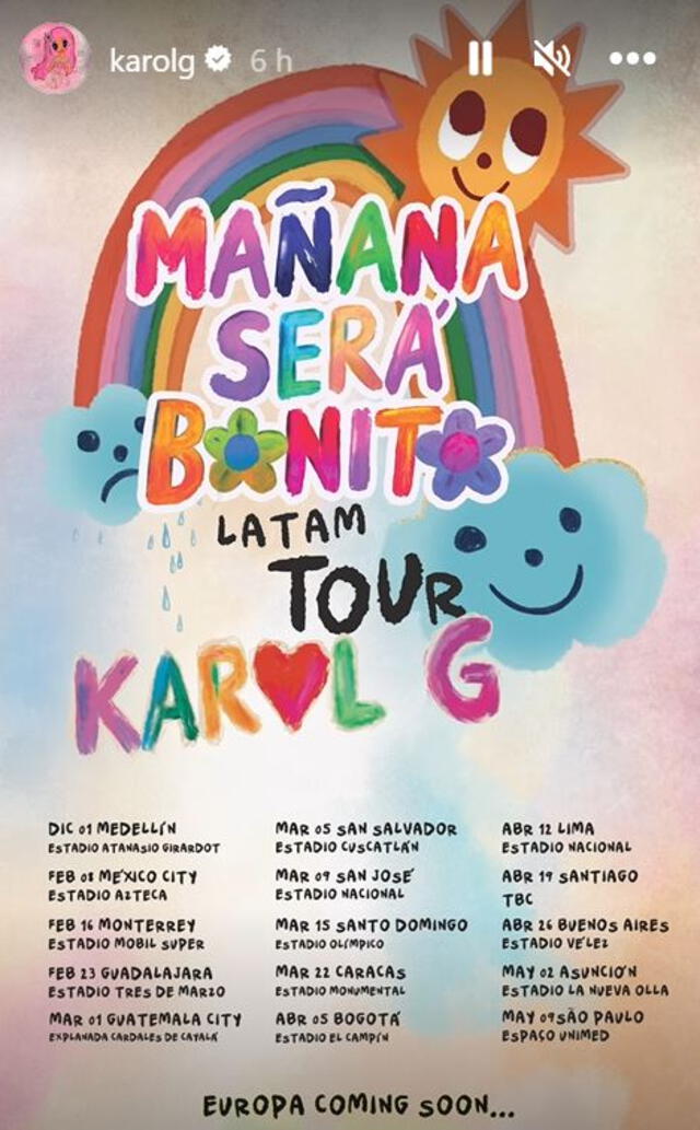  Karol G presentó la lista de países que visitará con su tour en 2024. Foto: Karolg/Instagram    