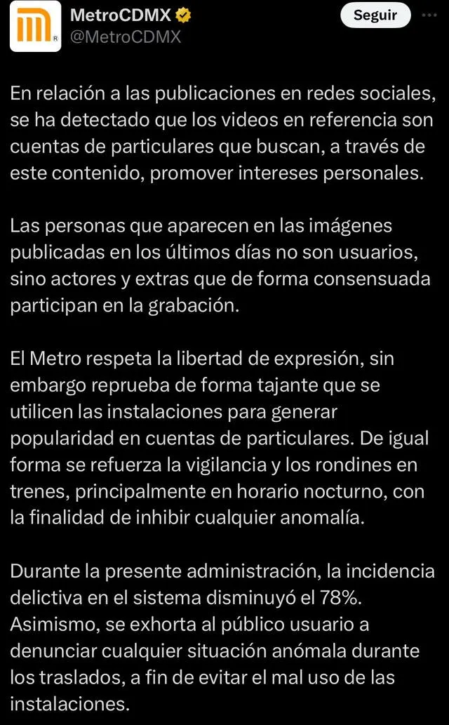 Respuesta oficial del metro de CDMX sobre el video de Luna Bella. Foto: X   