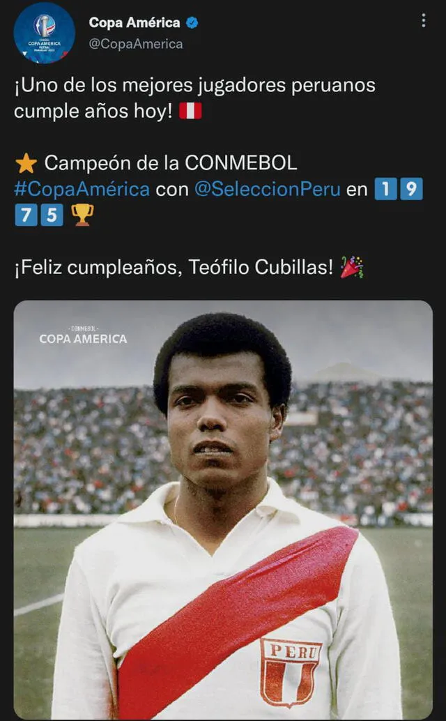 La cuenta de Twitter de la Copa América destacó el título de Cubillas con Perú en 1975. Foto: Captura Twitter