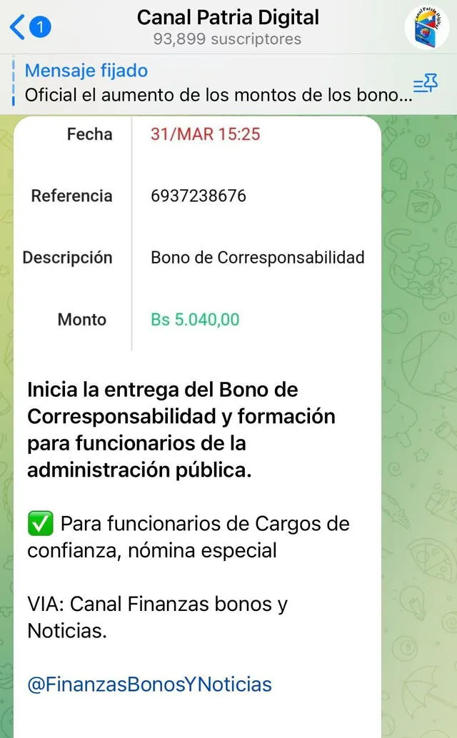 Pago del Bono de Corresponsabilidad del mes de marzo 2023. Foto: Telegram/Canal Patria Digital   