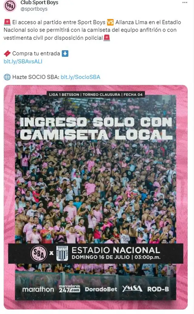 Publicación del cuadro rosado. Foto: Sport Boys.   