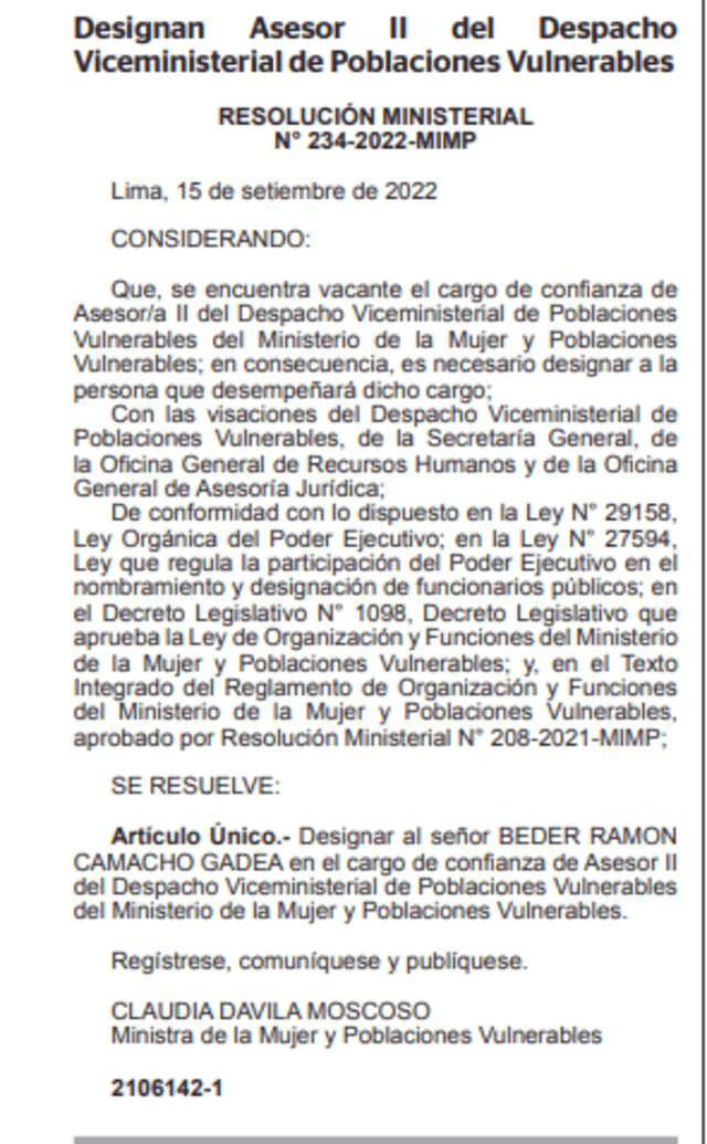 Designación de Beder Camacho fue firmado por la titular del Mimp. Foto: captura de documento