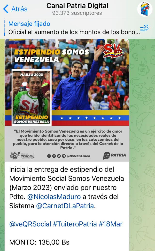  Inicia la entrega del Bono Somos Venezuela. Foto: Canal Patria Digital/ Telegram   