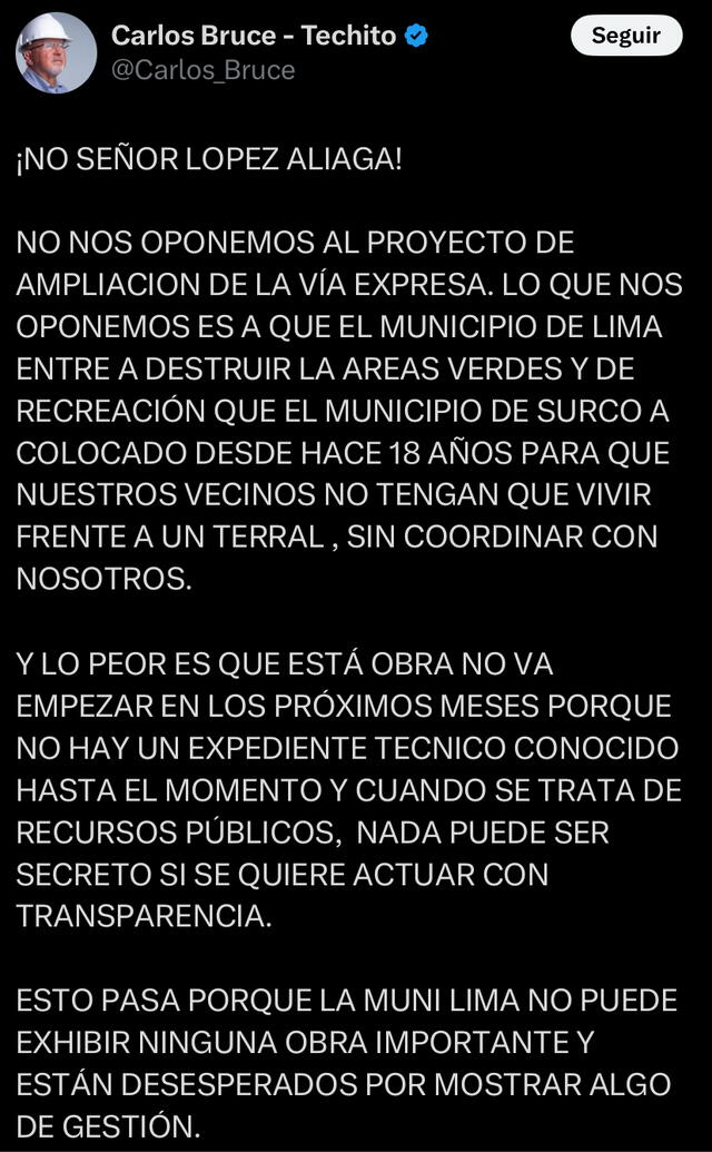 Carlos Bruce, alcalde de Surco, respondió por redes sociales. Foto: X   