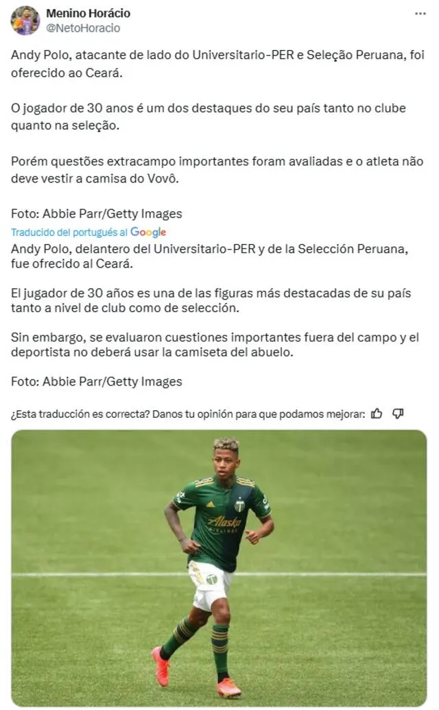 Horácio recordó de forma sutil el paso de Polo en Portland Timbers con esta fotografía. Foto: captura de X   