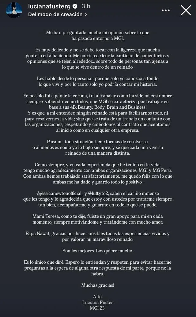 Mensaje de Luciana Fuster. Foto: instagram   