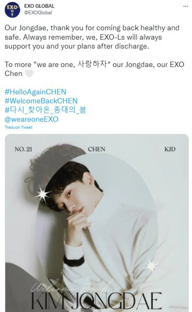 EXO-L celebra que Chen ha concluido su servicio militar. Foto: EXO Global en Twitter