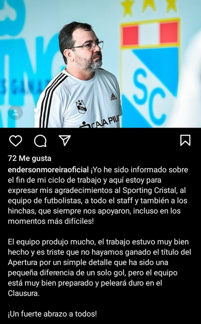 Mensaje de Enderson Moreira a Sporting Cristal.<strong> Foto: captura</strong>   