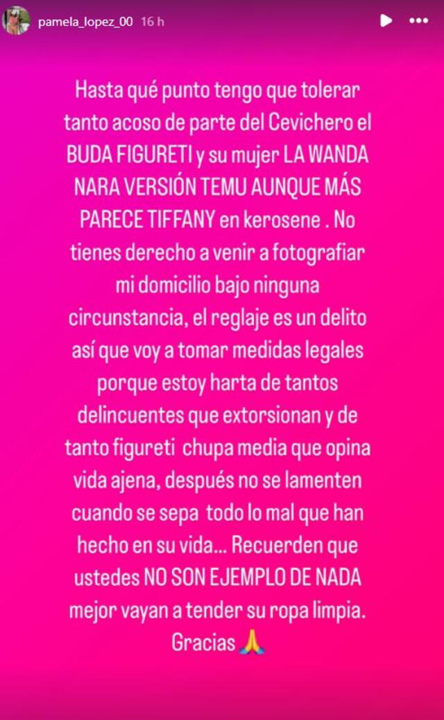 Mensaje de Pamela López. Foto: Instagram Mensaje de Pamela López. Foto: Instagram