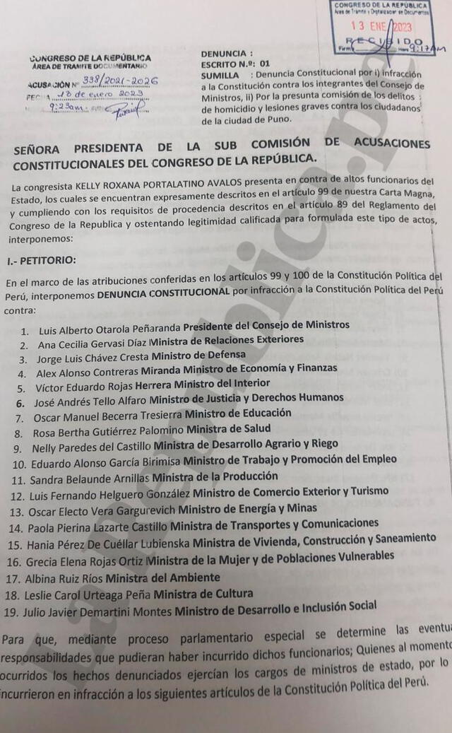 Presentan denuncian constitucional contra todo el gabinete de Alberto Otárola. Foto: LR