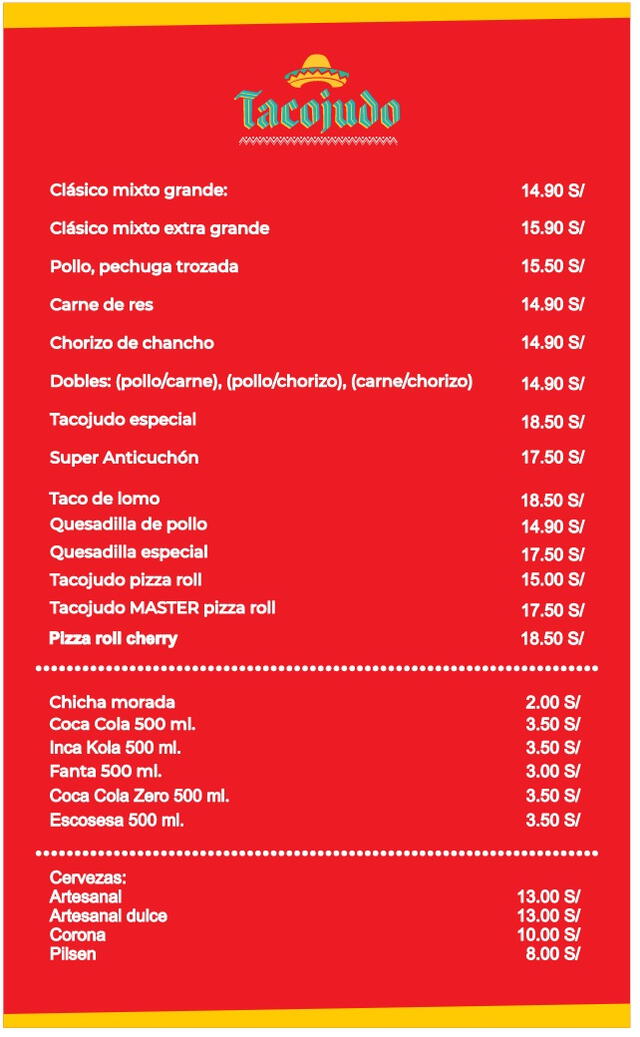  La carta completa de Tacojudo. Foto: Tacojudo/WhatsApp<br><br>    