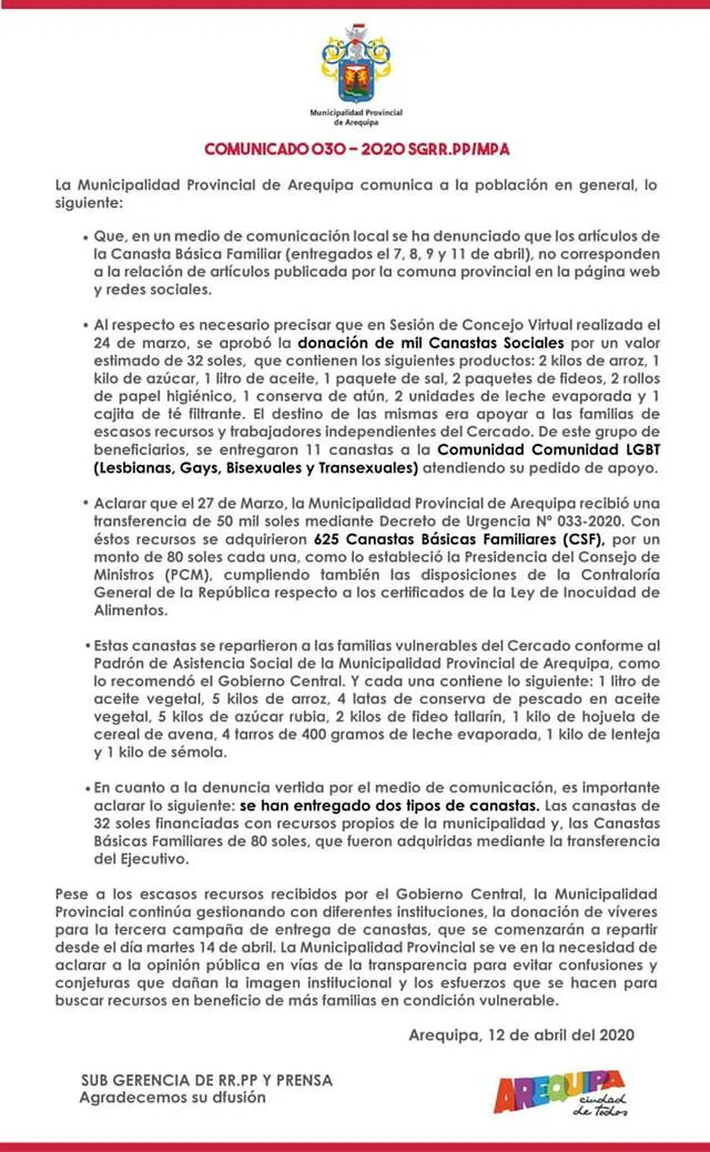 Comunicado Municipalidad Provincial de Arequipa.