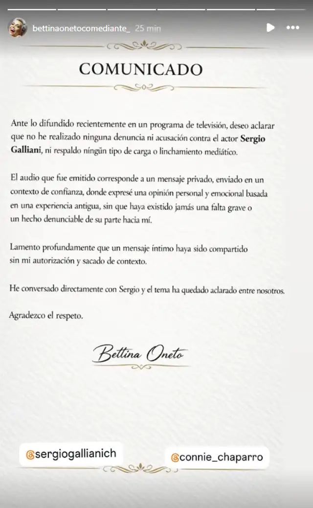 comunicado de Bettina Oneto. 