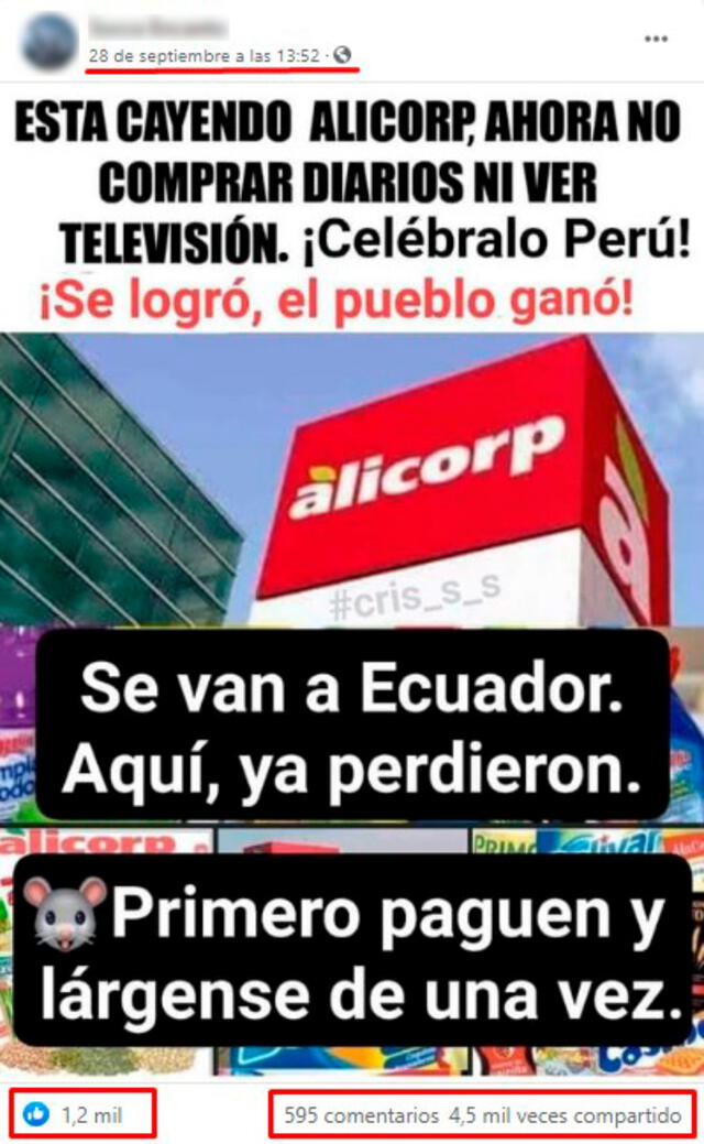 Publicación viralizada en el que afirman que Alicorp se va a Ecuador y dejará Perú. FOTO: Captura de Facebook.