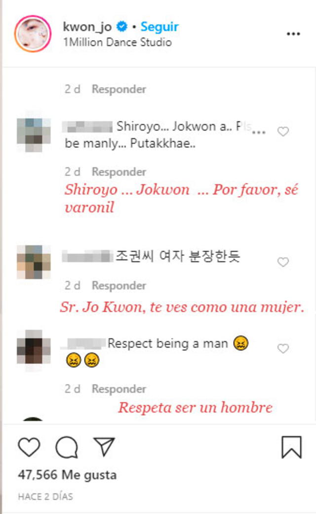 Comentarios dejados contra Jo Kwon en su publicación de Instagram. 30 de marzo, 2020.
