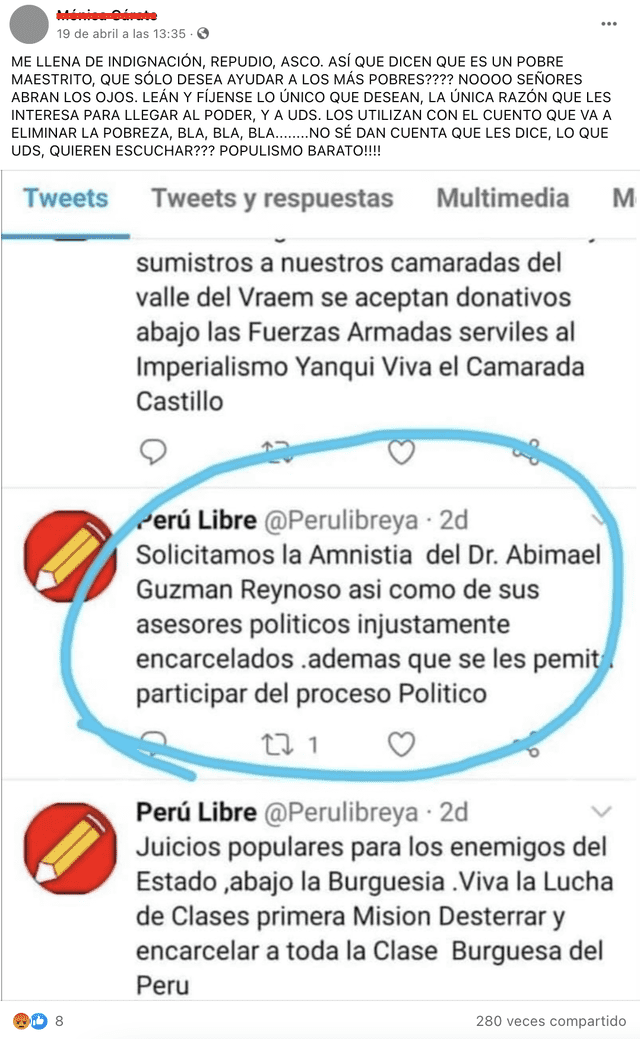 Publicación difunde un supuesto tuit de Perú Libre sobre el fundador de Sendero Luminoso. Foto: captura en Facebook