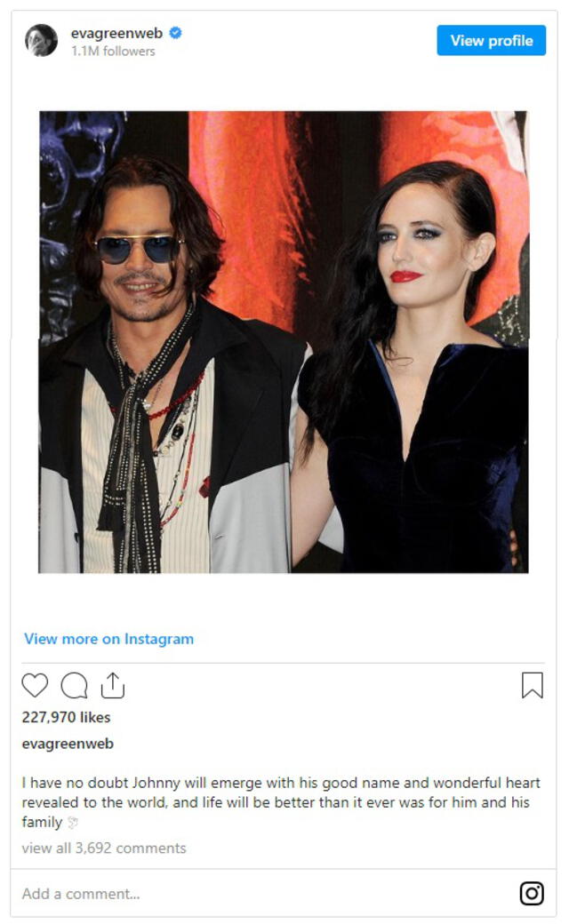 19.5.2022 | Publicación de Eva Green apoyando a Johnny Depp. Foto: captura Instagram
