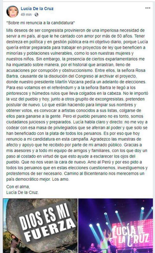 Lucía de la Cruz renuncia a postular al Congreso.