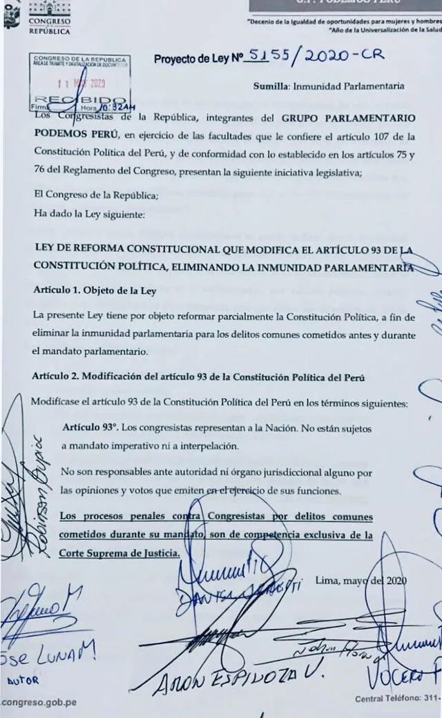 Proyecto de ley de Podemos Perú que propone la eliminación de inmunidad parlamentaria.