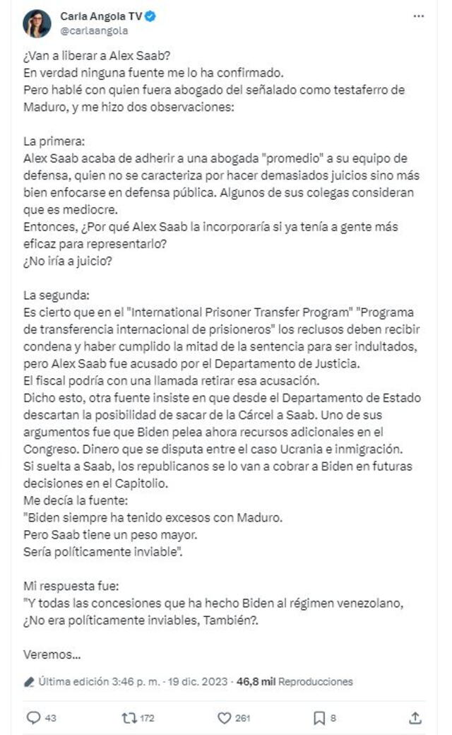  Carla Angola analiza la supuesta liberación de Alex Saab. Foto: X   