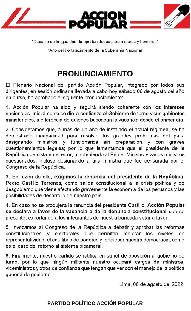 Pronunciamiento Acción Popular. Foto: Acción Popular/ Twitter