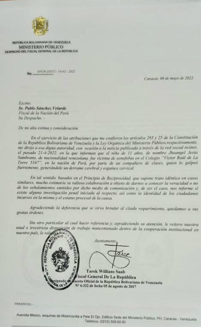La misiva enviada al fiscal del Perú. Foto: @TarekWiliamSaab/Twitter
