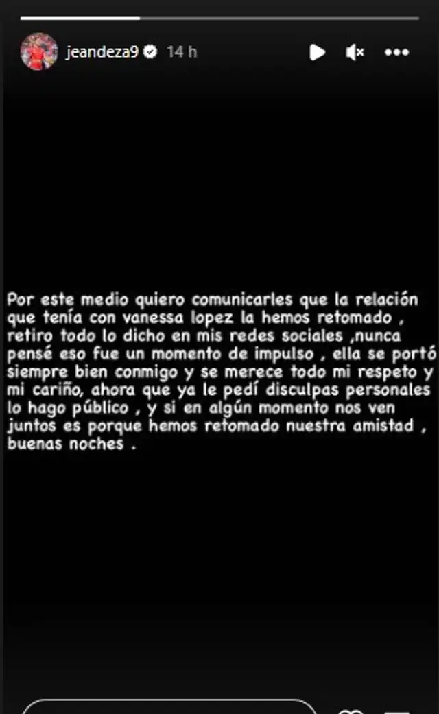 Jean Deza se arrepiente y retoma su relación con Vanessa López. Foto: captura de Instagram   