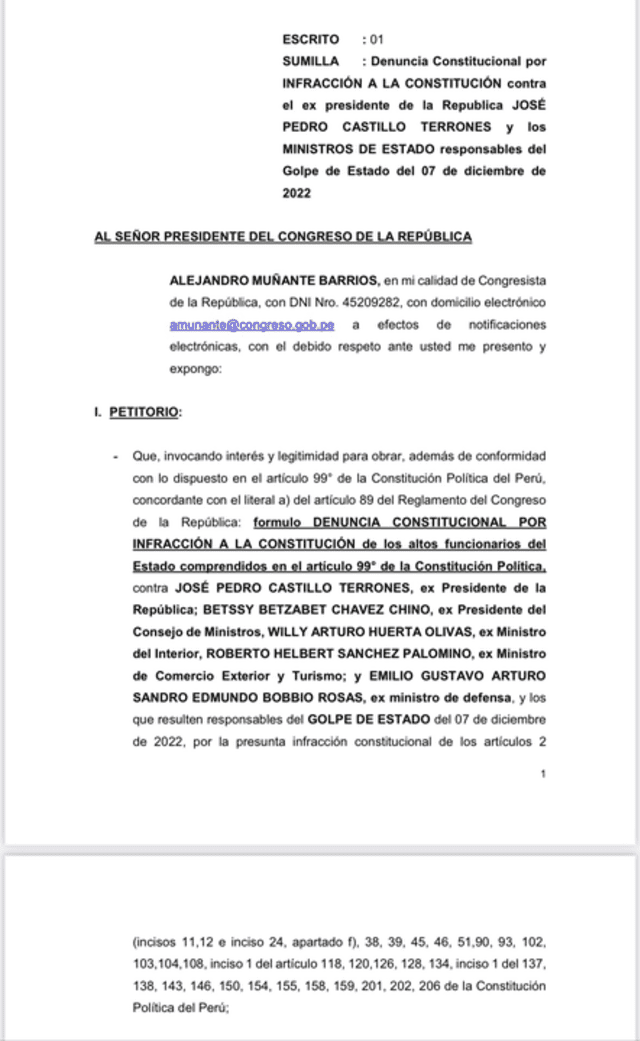  Denuncia constitucional presentada por Alejandro Muñante contra Pedro Castillo y exministros | Fuente: Difusión.    