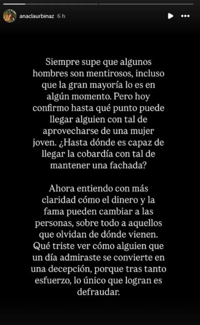 Mensaje de Ana Claudia Urbina. Foto: Instagram/analuciaurbinaz Mensaje de Ana Claudia Urbina. Foto: Instagram/analuciaurbinaz