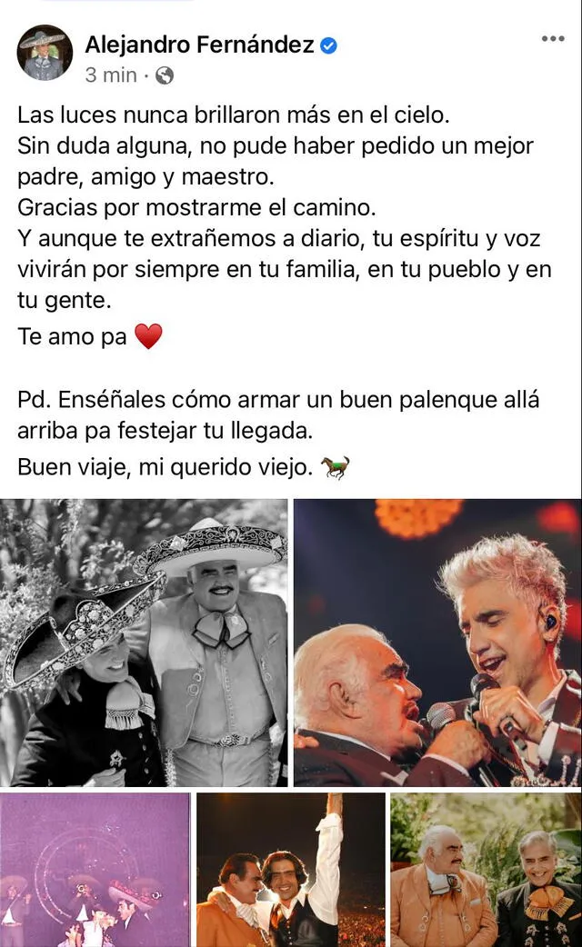 Alejandro Fernández le dedicó un emotivo mensaje a su padre fallecido, el ícono mexicano, Vicente Fernández. Foto: Alejandro Fernández/Facebook.