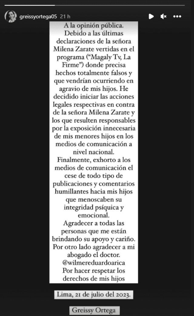 Comunicado publicado por Greissy Ortega emitido el 21 de julio. Foto: Instagram / Greissy Ortega   